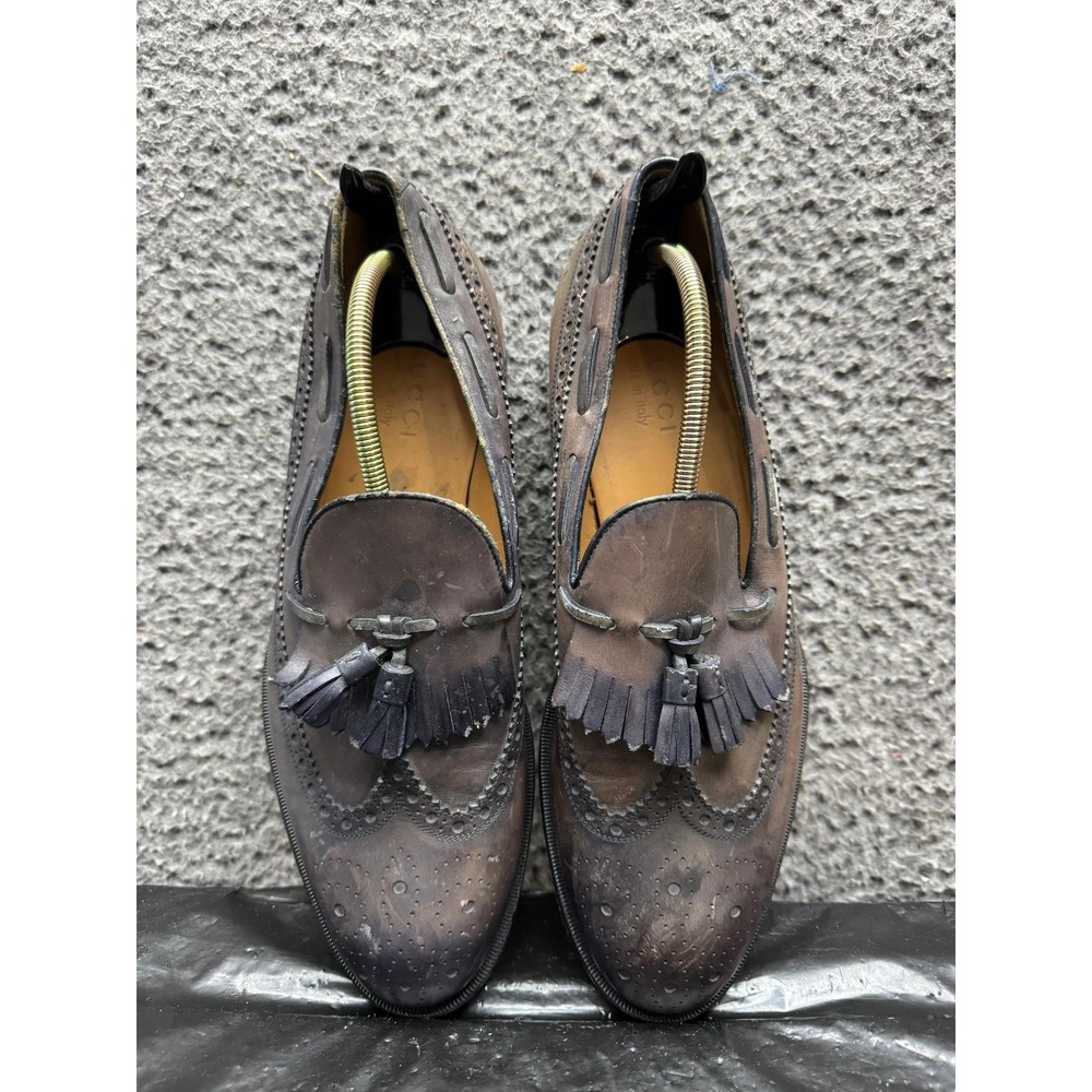 Vintage 80s Gucci Leather Wingtip Kiltie Slip On Loafers Brown Mens Size 8.5 US - Picture 6 of 13